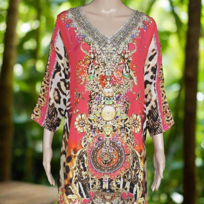 Garden Delight red silk embellished tunic dress with intricate beadwork and animal print