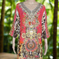 Garden Delight red silk embellished tunic dress with intricate beadwork and animal print