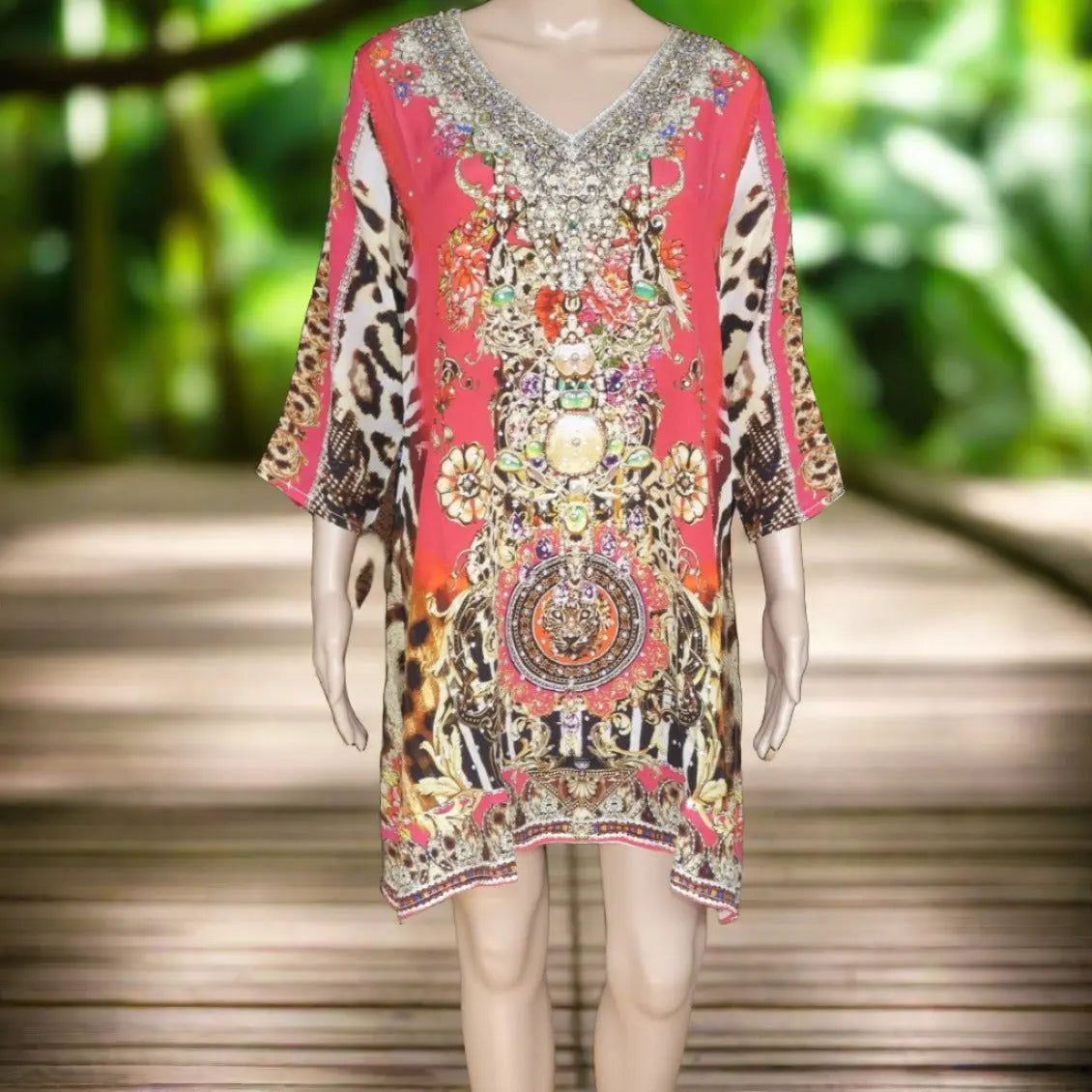 Garden Delight (Red) short silk embellished Tunic Dress at Kaftans that Bling