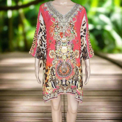 Garden Delight red silk embellished tunic dress with animal print and beadwork