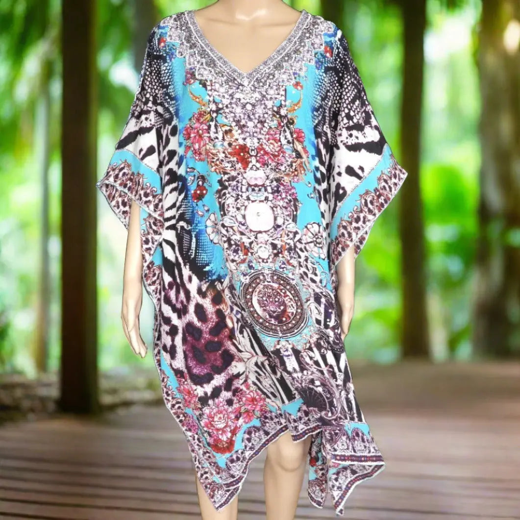 Garden Delight (blue) short silk embellished Kaftan