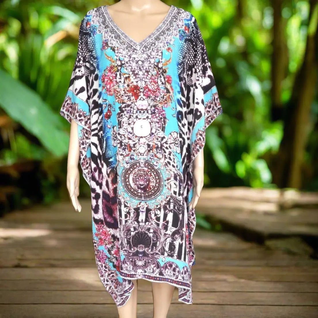 Garden Delight (blue) short silk embellished Kaftan