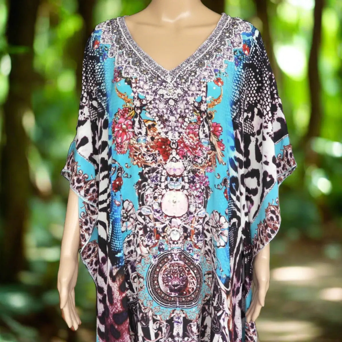 Garden Delight (blue) short silk embellished Kaftan