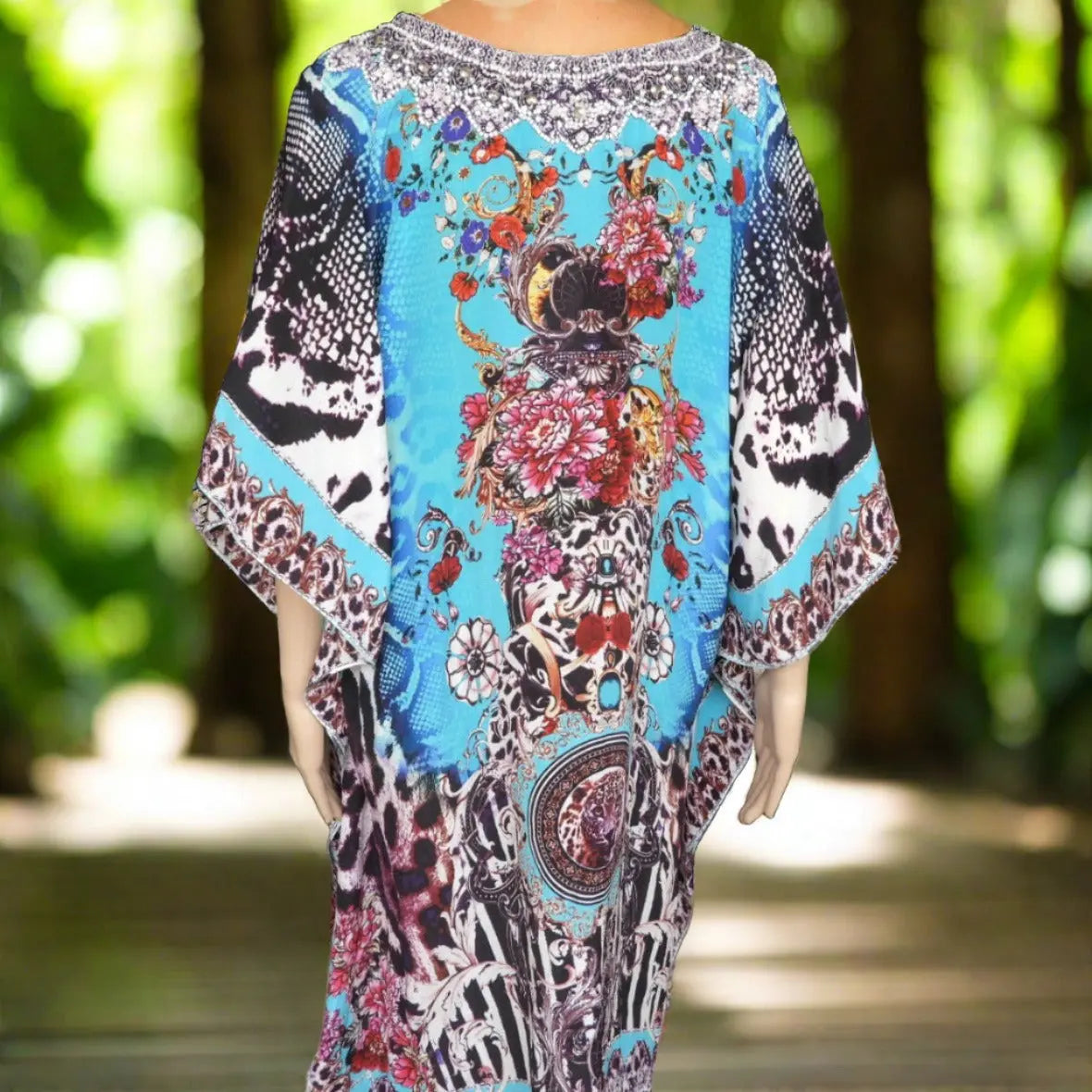 Garden Delight (blue) short silk embellished Kaftan