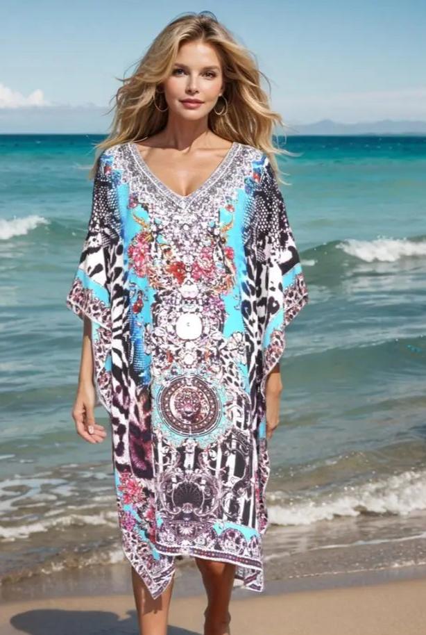 Dresses Garden Delight (blue) Short silk cold shoulder embellished Kaftan fashion spectrum  Kaftans that Bling