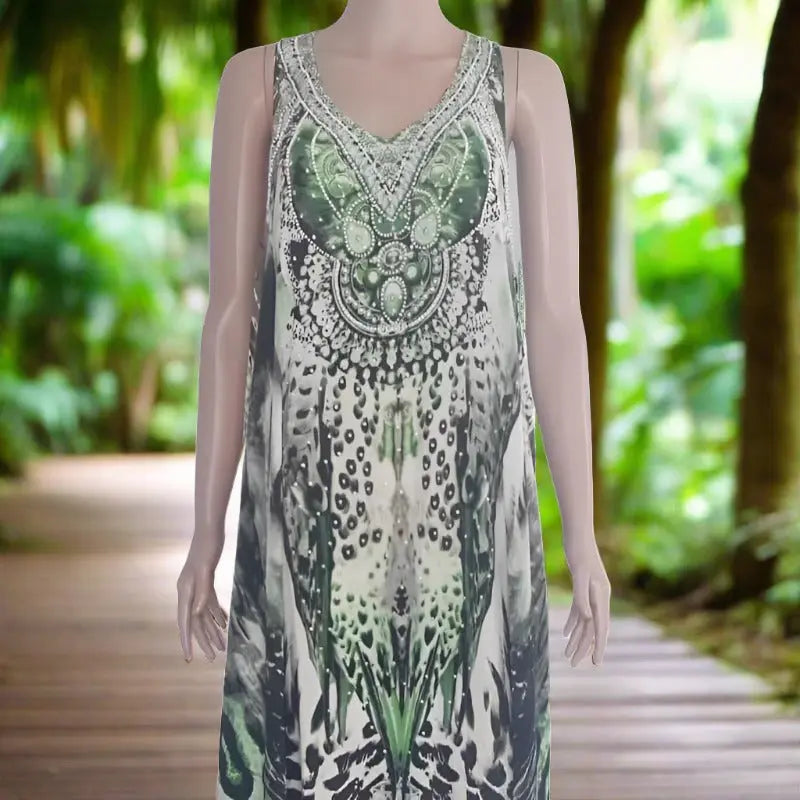 Green long silk racerback maxi dress - garbo - Kaftans that Bling