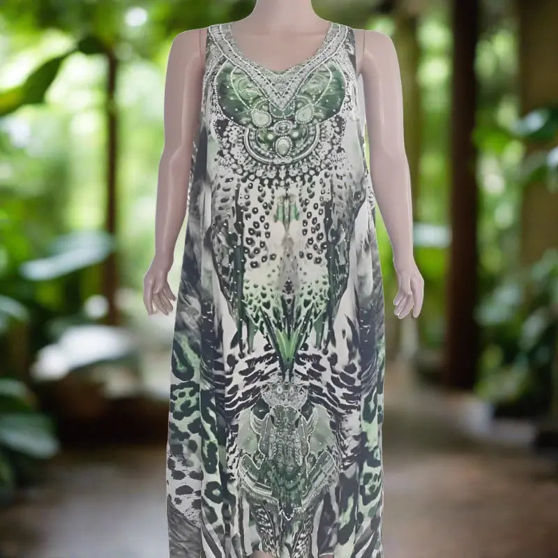 Green long silk racerback maxi dress - garbo - Kaftans that Bling