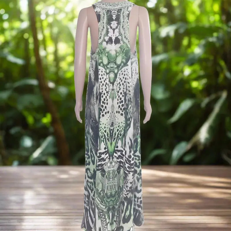 Green long silk racerback maxi dress - garbo - Kaftans that Bling