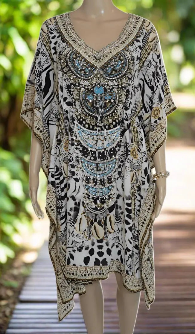 Kalpony short silk embellished drawstring Kaftan - by Fashion Spectrum - Kaftans that Bling