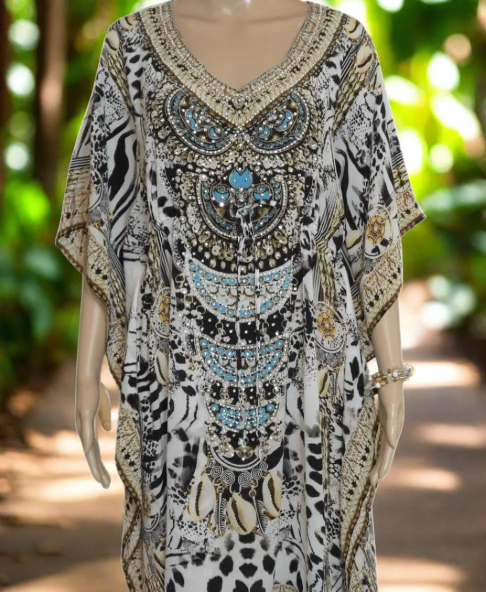 Kalpony short silk embellished drawstring Kaftan - by Fashion Spectrum - Kaftans that Bling