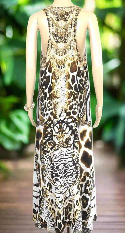 Back view of Ziraffe Silk Maxi Dress with animal print and hand-sewn beadwork racerback design