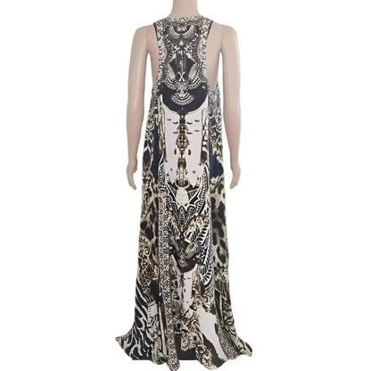 Long silk embellished racerback maxi dress with animal print and hand-sewn beadwork