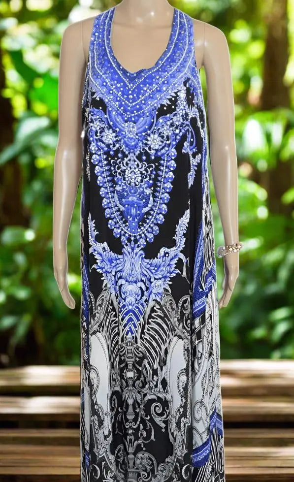 Midnight Blue long silk Embellished racerback maxi dress by Fashion Spectrum - Kaftans that Bling