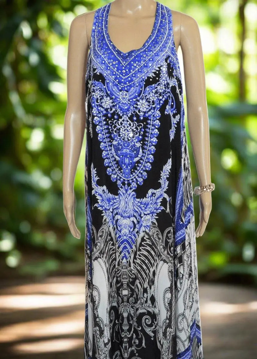 Midnight Blue long silk Embellished racerback maxi dress by Fashion Spectrum - Kaftans that Bling