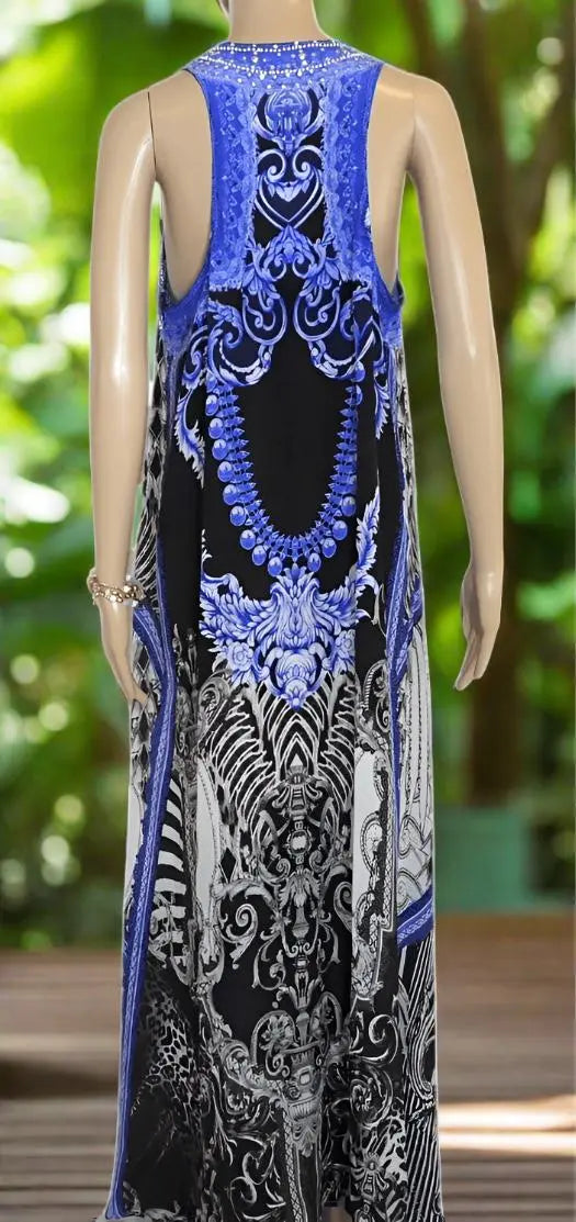 Midnight Blue long silk Embellished racerback maxi dress by Fashion Spectrum - Kaftans that Bling