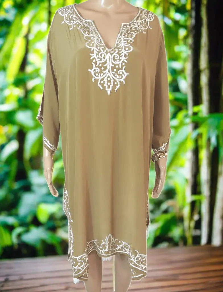 Olive Short Silk Kaftan Dress - by Fashion Spectrum - Kaftans that Bling