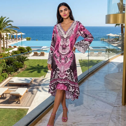 Silk Hi-Low Frill Dress Amur Pink at Kaftans that Bling 