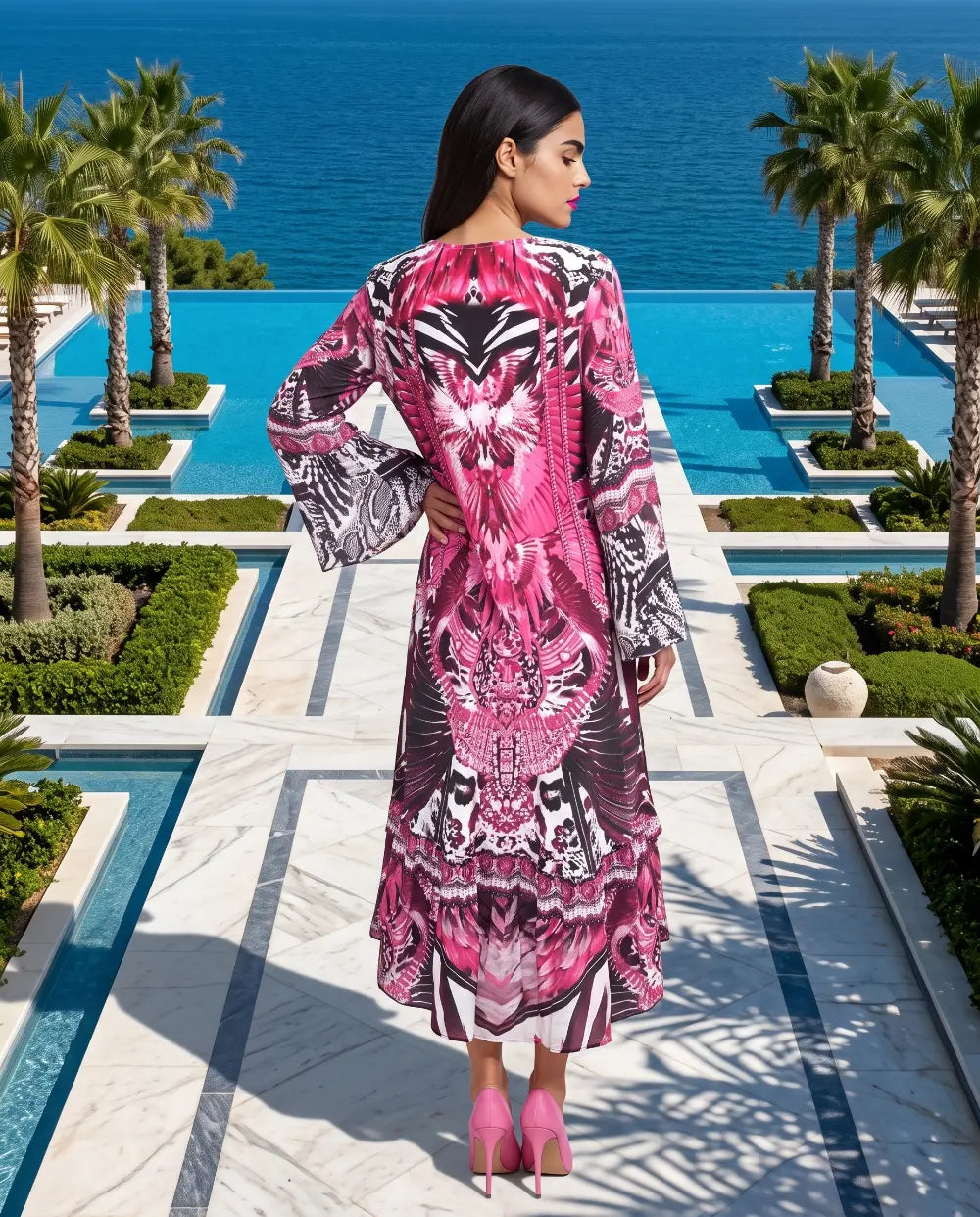 Silk Hi-Low Frill Dress Amur Pink at Kaftans that Bling 