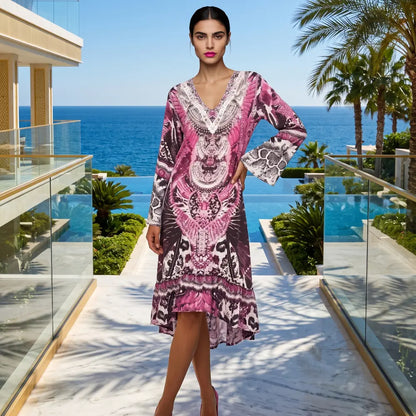 Silk Hi-Low Frill Dress Amur Pink at Kaftans that Bling 