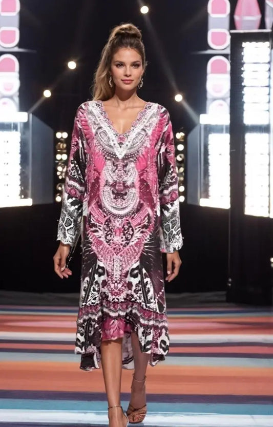 Dresses Silk Hi-Low Frill Dress - Amur-Pink-kaftans that bling fashion spectrum  Kaftans that Bling