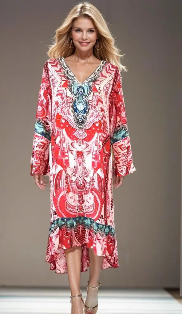 Dresses Silk Hi-Low Frill Dress - Frangipani - Pink - kaftans that bling fashion spectrum  Kaftans that Bling