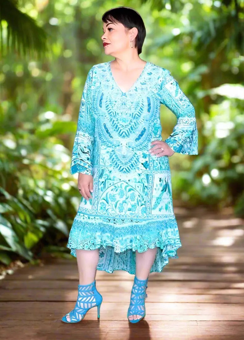 Silk Hi-Low Frill Dress - Peacock - by Fashion Spectrum - Kaftans that Bling