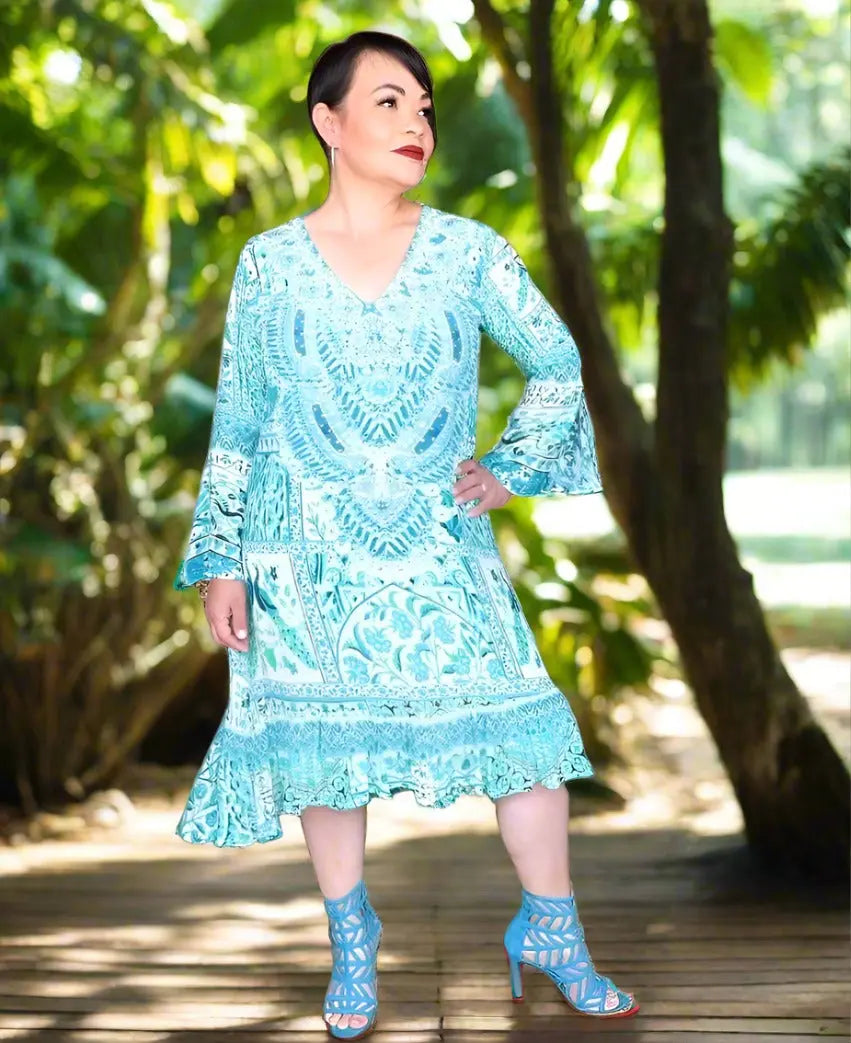 Silk Hi-Low Frill Dress - Peacock - by Fashion Spectrum - Kaftans that Bling