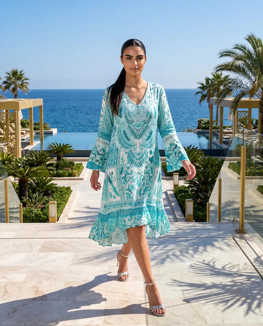 Silk Hi-Low Frill Dress - Peacock - by Fashion Spectrum