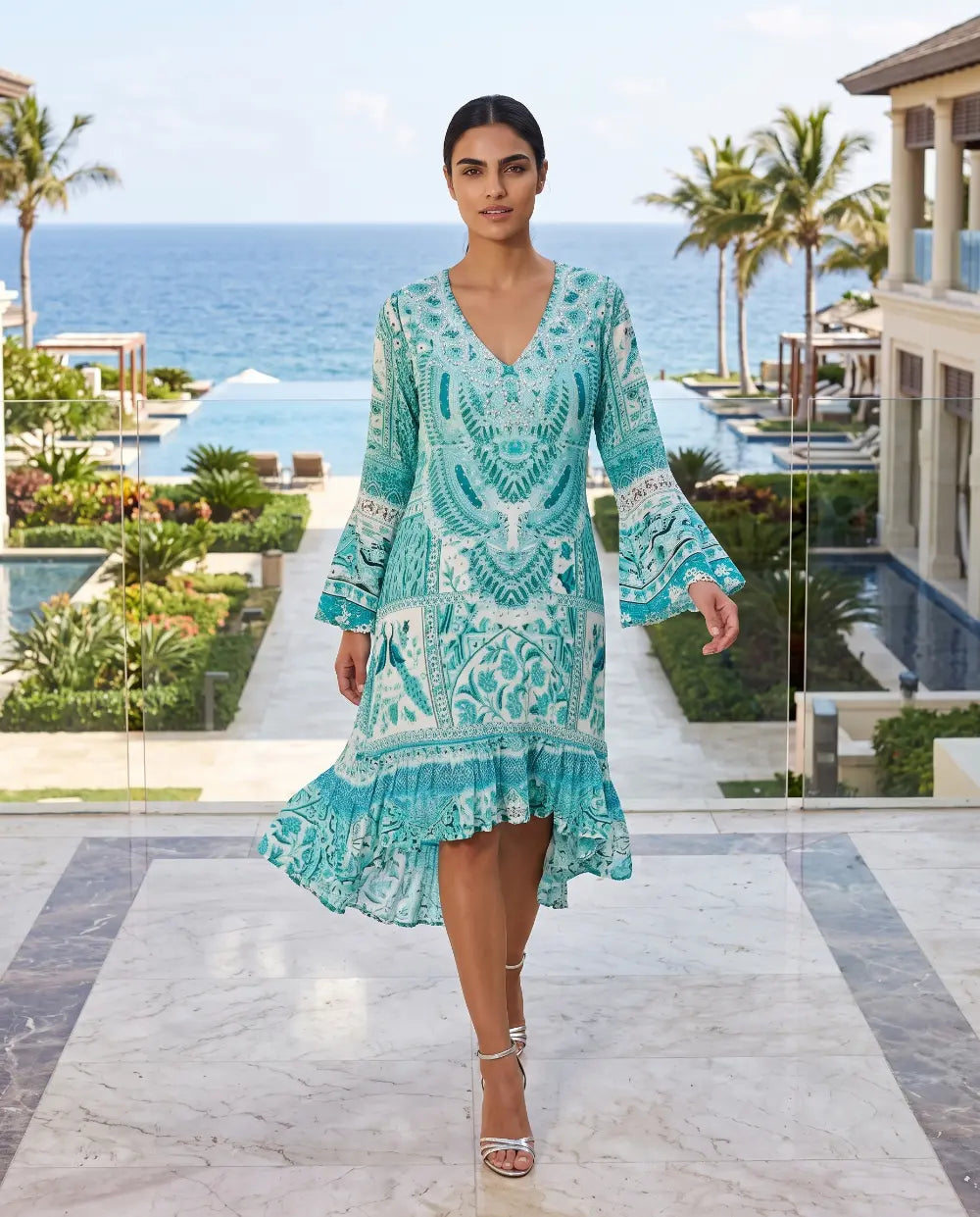 Silk Hi-Low Frill Dress - Peacock - by Fashion Spectrum