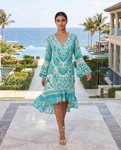 Silk Hi-Low Frill Dress - Peacock - by Fashion Spectrum