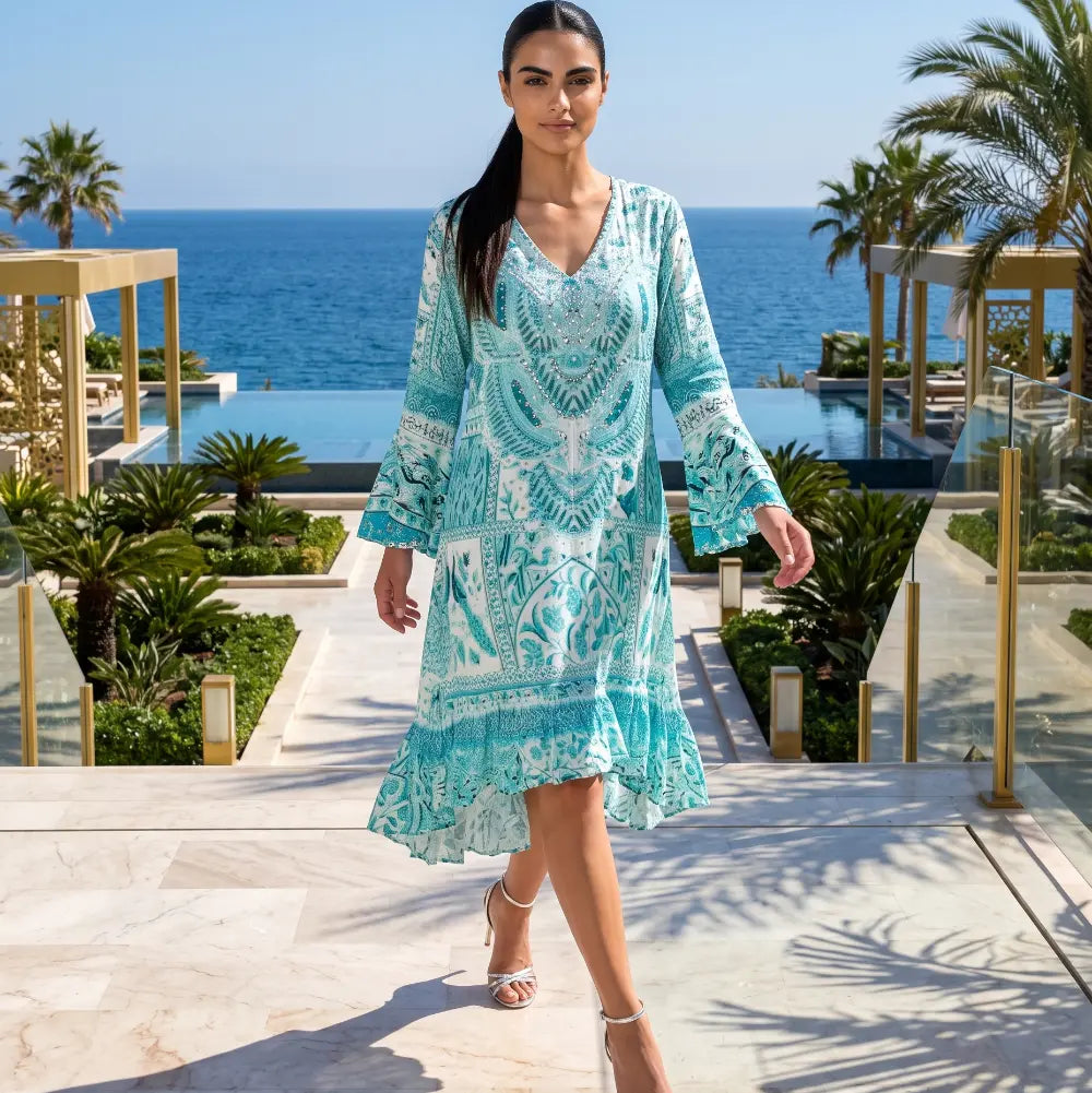 Silk Hi-Low Frill Dress - Peacock - by Fashion Spectrum