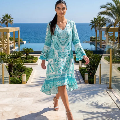 Silk Hi-Low Frill Dress - Peacock - by Fashion Spectrum