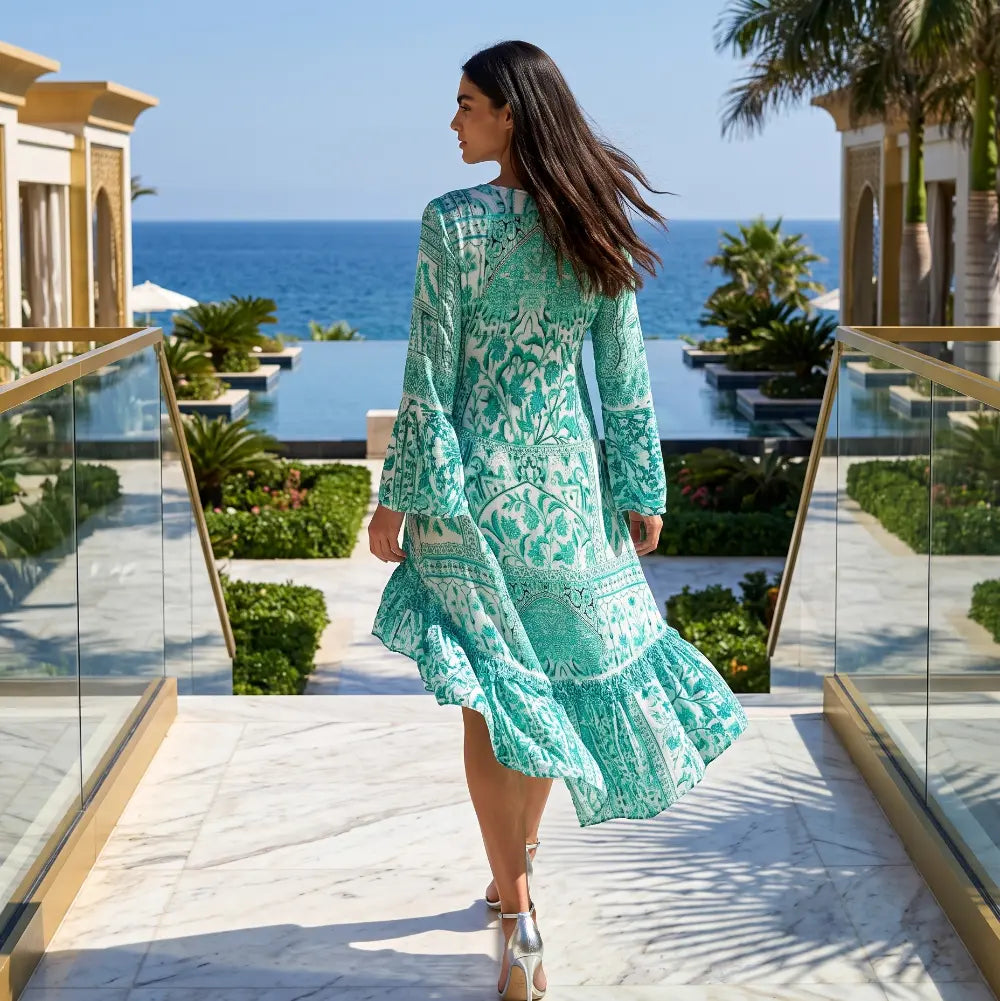 Silk Hi-Low Frill Dress - Peacock - by Fashion Spectrum
