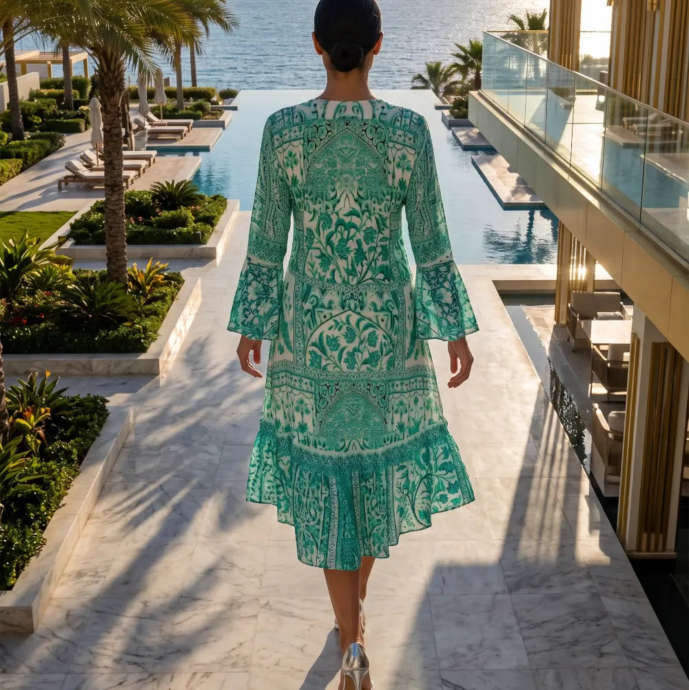 Silk Hi-Low Frill Dress - Peacock - by Fashion Spectrum