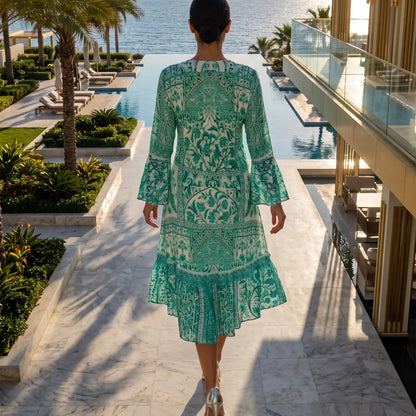 Silk Hi-Low Frill Dress - Peacock - by Fashion Spectrum