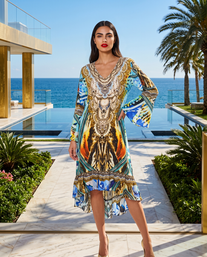 Silk Hi-Low Frill Dress Saffron- Multi-kaftans that bling
