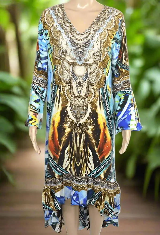 Silk Hi-Low Frill Dress - Saffron- Multi-kaftans that bling - Kaftans that Bling