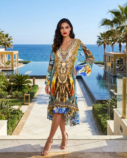 Silk Hi-Low Frill Dress Saffron- Multi-kaftans that bling