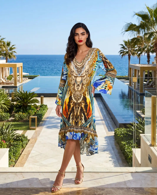 Silk Hi-Low Frill Dress Saffron- Multi-kaftans that bling