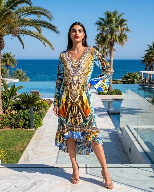 Silk Hi-Low Frill Dress Saffron- Multi-kaftans that bling