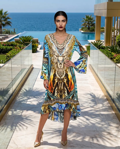 Silk Hi-Low Frill Dress Saffron- Multi-kaftans that bling