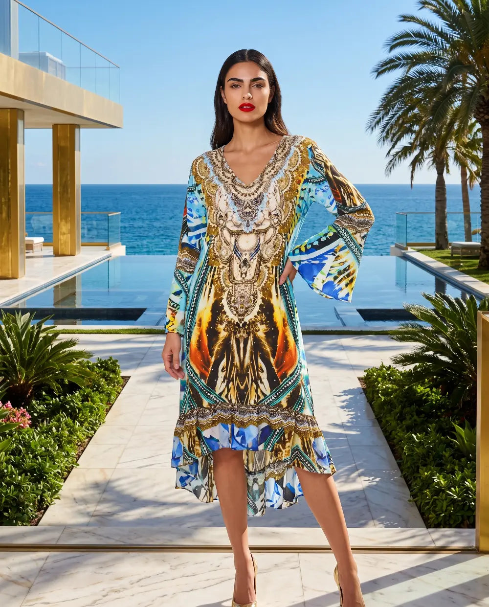 Silk Hi-Low Frill Dress Saffron- Multi-kaftans that bling