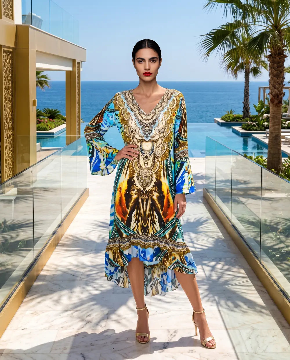 Silk Hi-Low Frill Dress Saffron- Multi-kaftans that bling