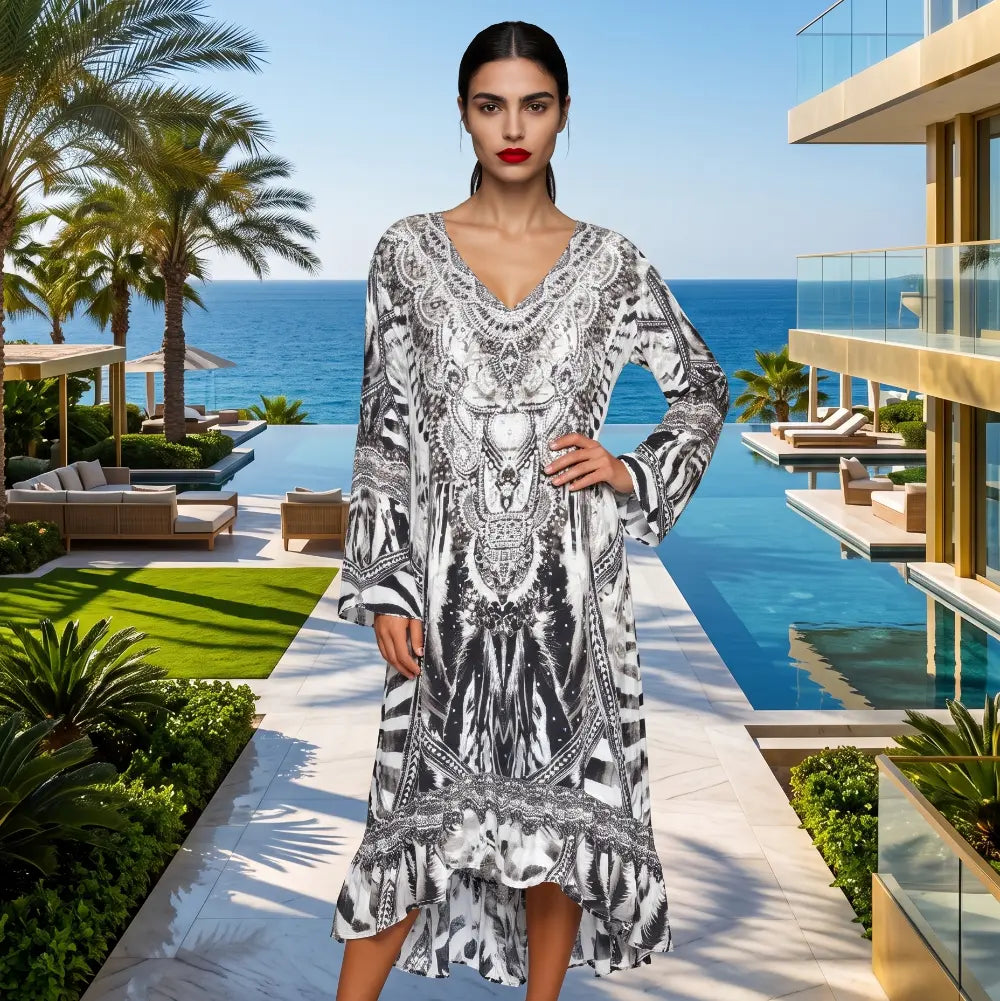Silk Hi Low Frill Dress Saffron at Kaftans that Bling