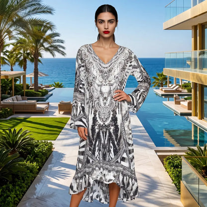 Silk Hi Low Frill Dress Saffron at Kaftans that Bling
