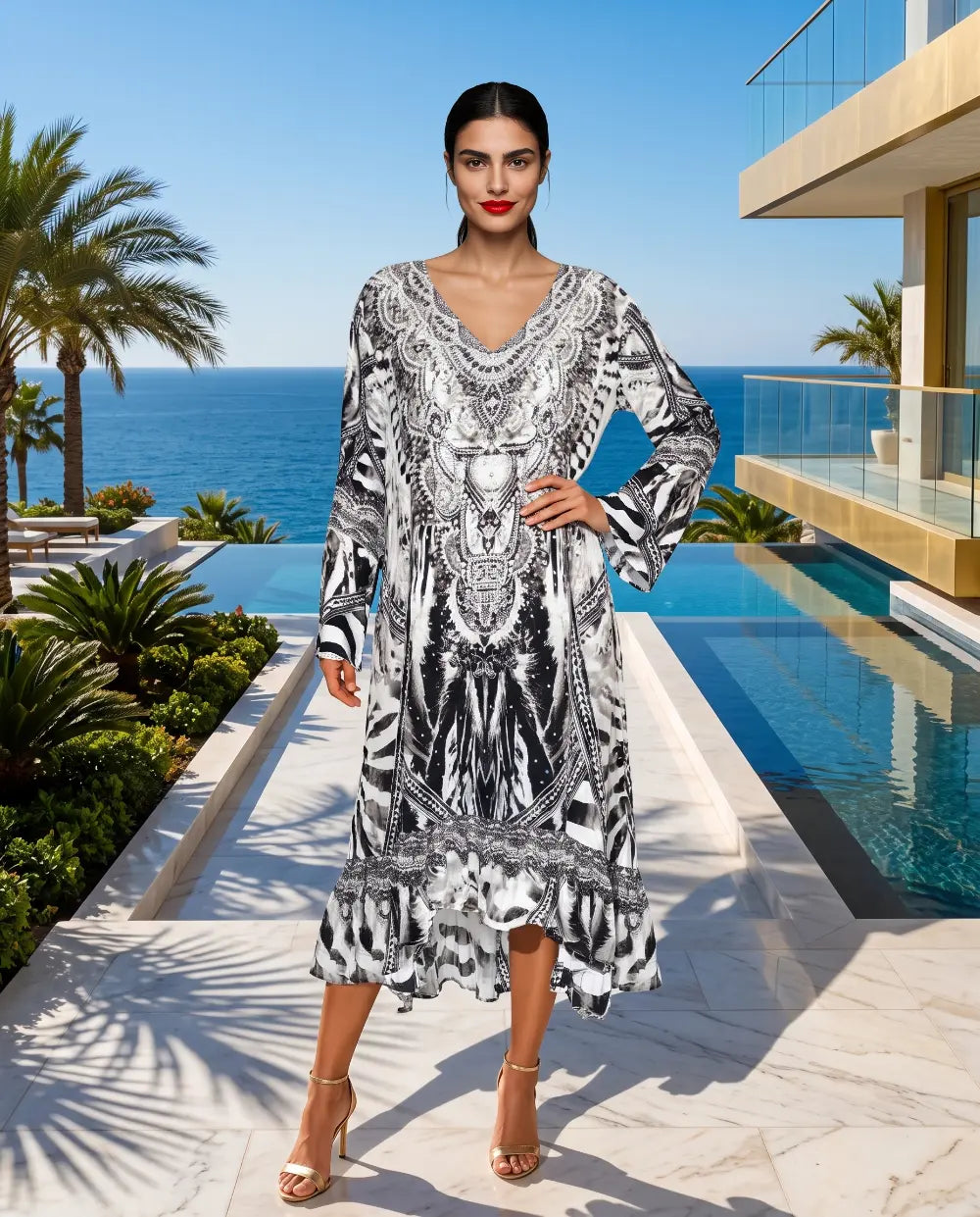 Silk Hi Low Frill Dress Saffron at Kaftans that Bling