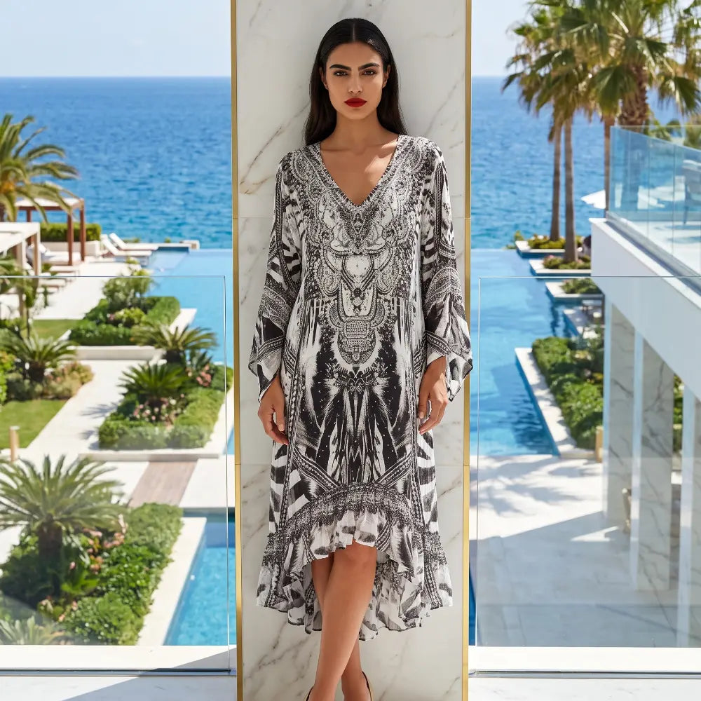 Silk Hi Low Frill Dress Saffron at Kaftans that Bling