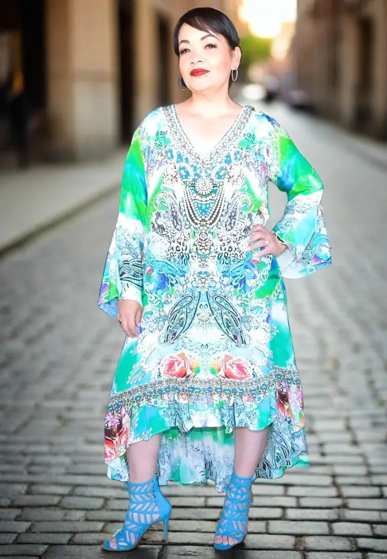 Silk Hi-Low Frill Dress - Tegan-Fashion Spectrum - Kaftans that Bling