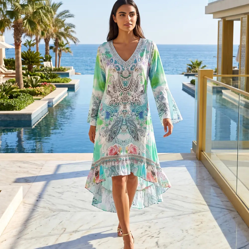 Silk Hi-Low Frill Dress Tegan at Kaftans that Bling