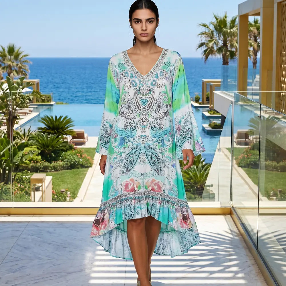 Silk Hi-Low Frill Dress Tegan at Kaftans that Bling